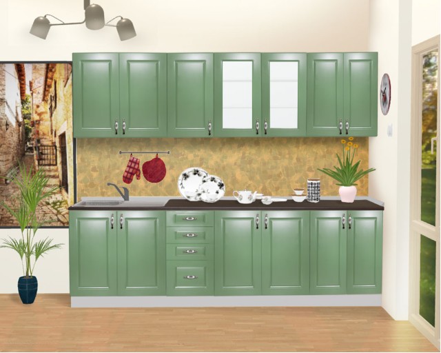 Bucatarie Zebra 260 cm din MDF Verde cu blat termoizolant imitatie negru Bucatarie Zebra 260 cm din MDF Verde cu blat termoizolant imitatie negru